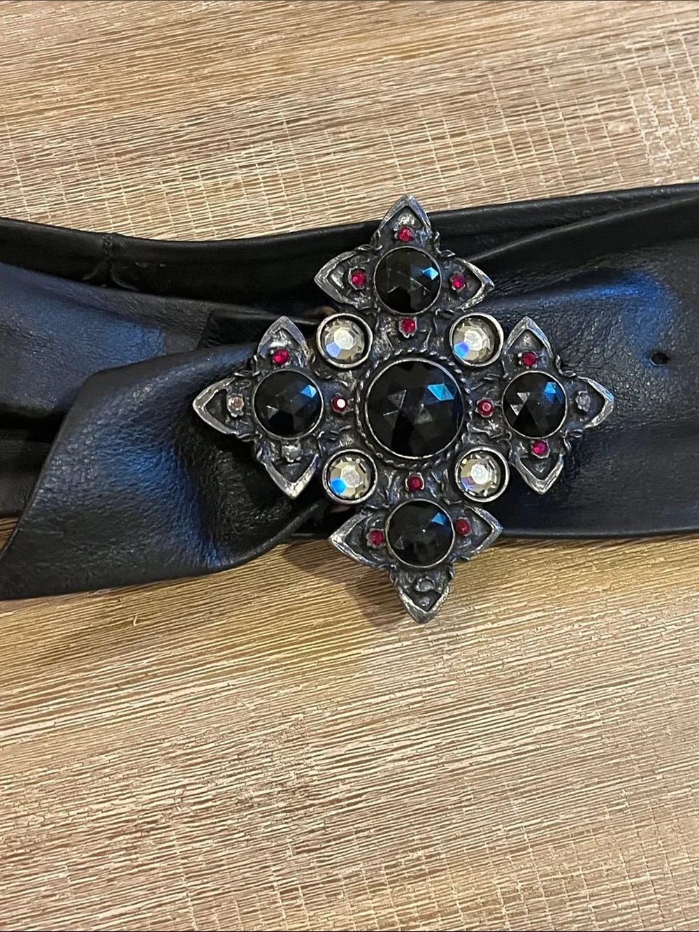 Black Leather Belt with Rhinestone Buckle